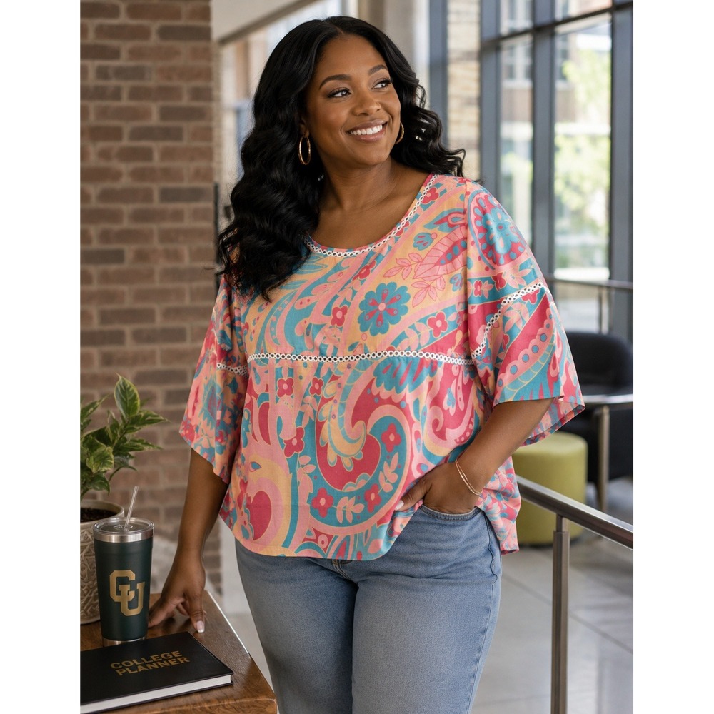 Pink Turquoise Paisley Eyelet Lace Trim Tunic Blouse Top Vintage Style Womens